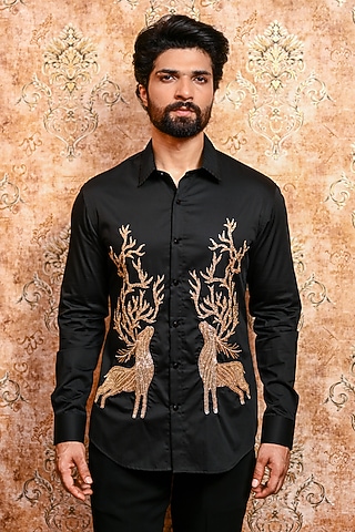 Black Cotton Deer Embroidered Shirt by YAJY By Aditya Jain