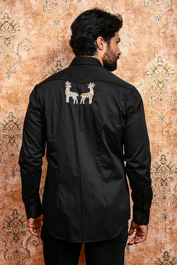 Black Cotton Deer Embroidered Wedding Shirt by YAJY By Aditya Jain at Pernia's Pop Up Shop