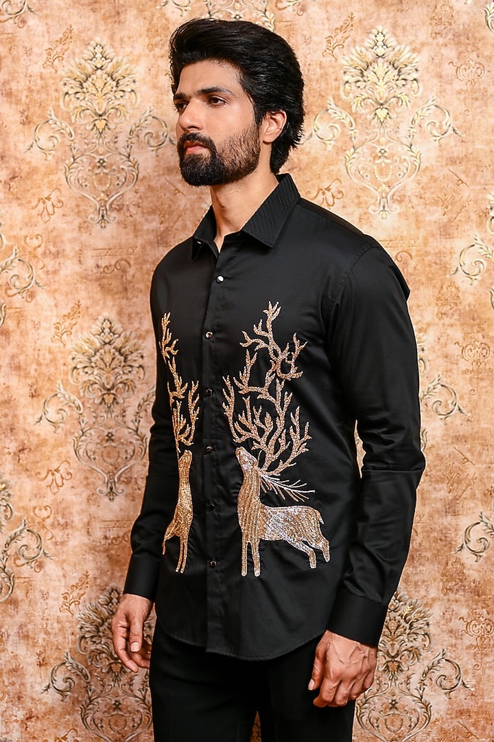 Black Cotton Deer Embroidered Wedding Shirt by YAJY By Aditya Jain at Pernia's Pop Up Shop