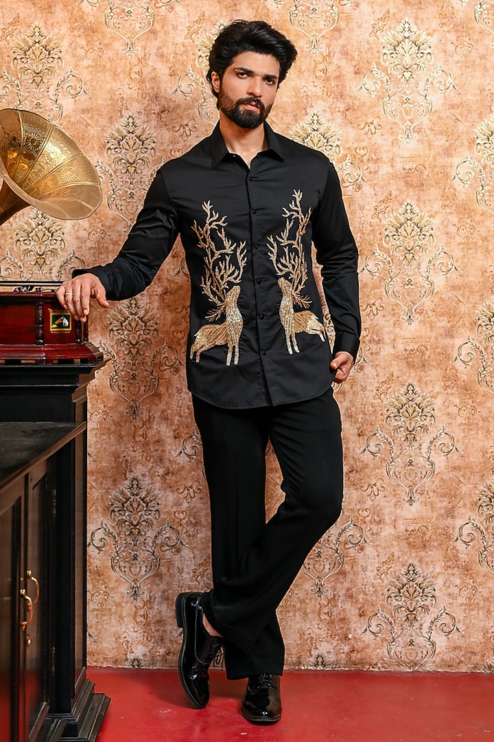 Black Cotton Deer Embroidered Wedding Shirt by YAJY By Aditya Jain at Pernia's Pop Up Shop