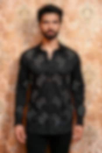 Black Cotton Embroidered Wedding Shirt by YAJY By Aditya Jain at Pernia's Pop Up Shop