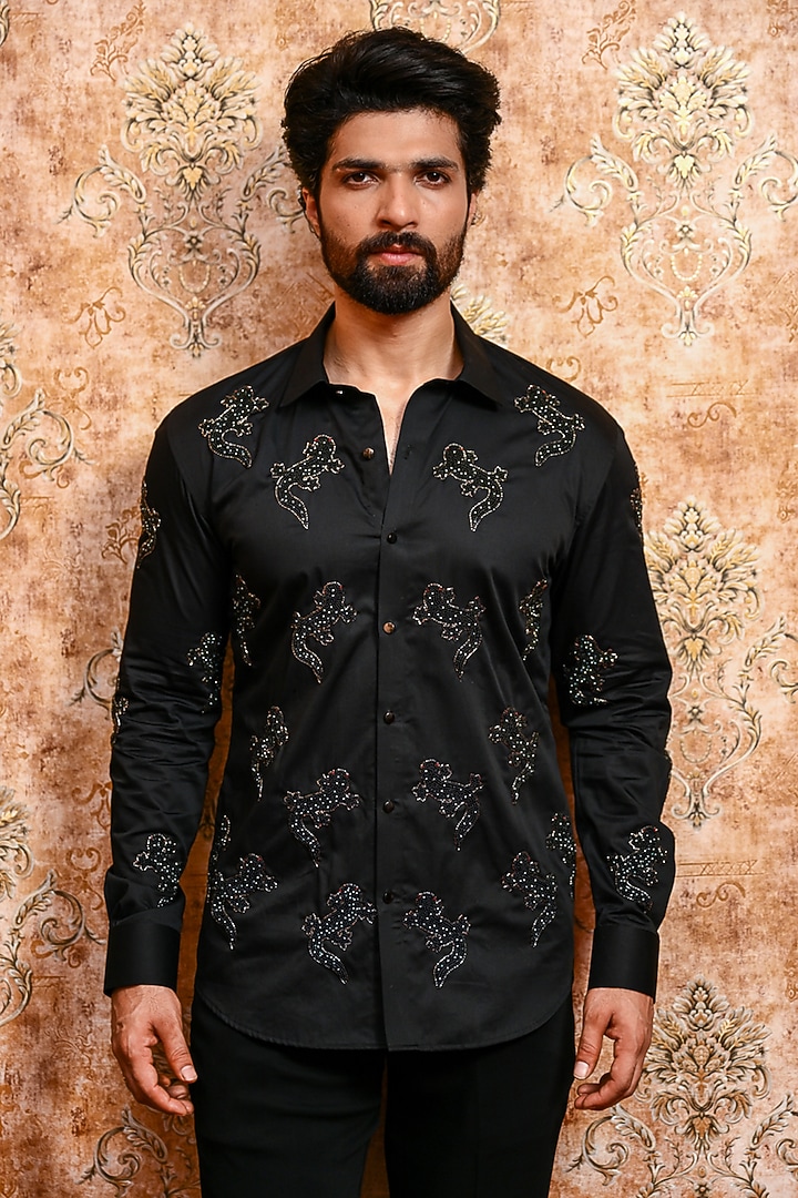 Black Cotton Embroidered Wedding Shirt by YAJY By Aditya Jain at Pernia's Pop Up Shop