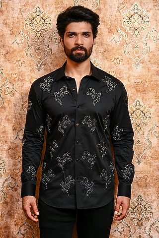 Black Cotton Embroidered Shirt by YAJY By Aditya Jain