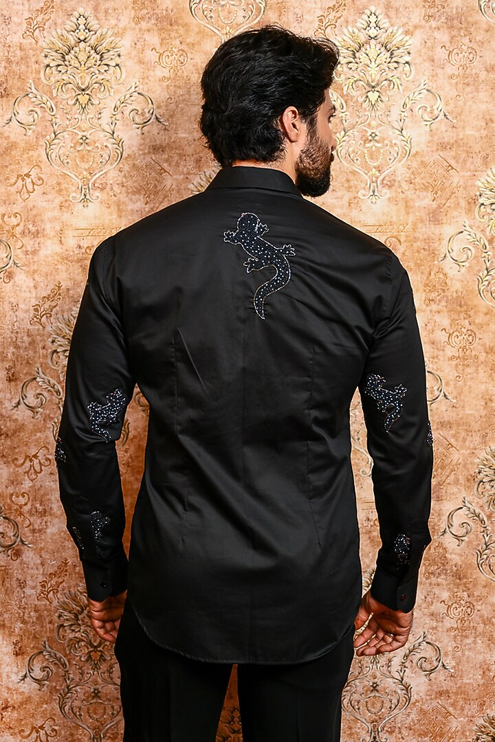 Black Cotton Embroidered Wedding Shirt by YAJY By Aditya Jain at Pernia's Pop Up Shop