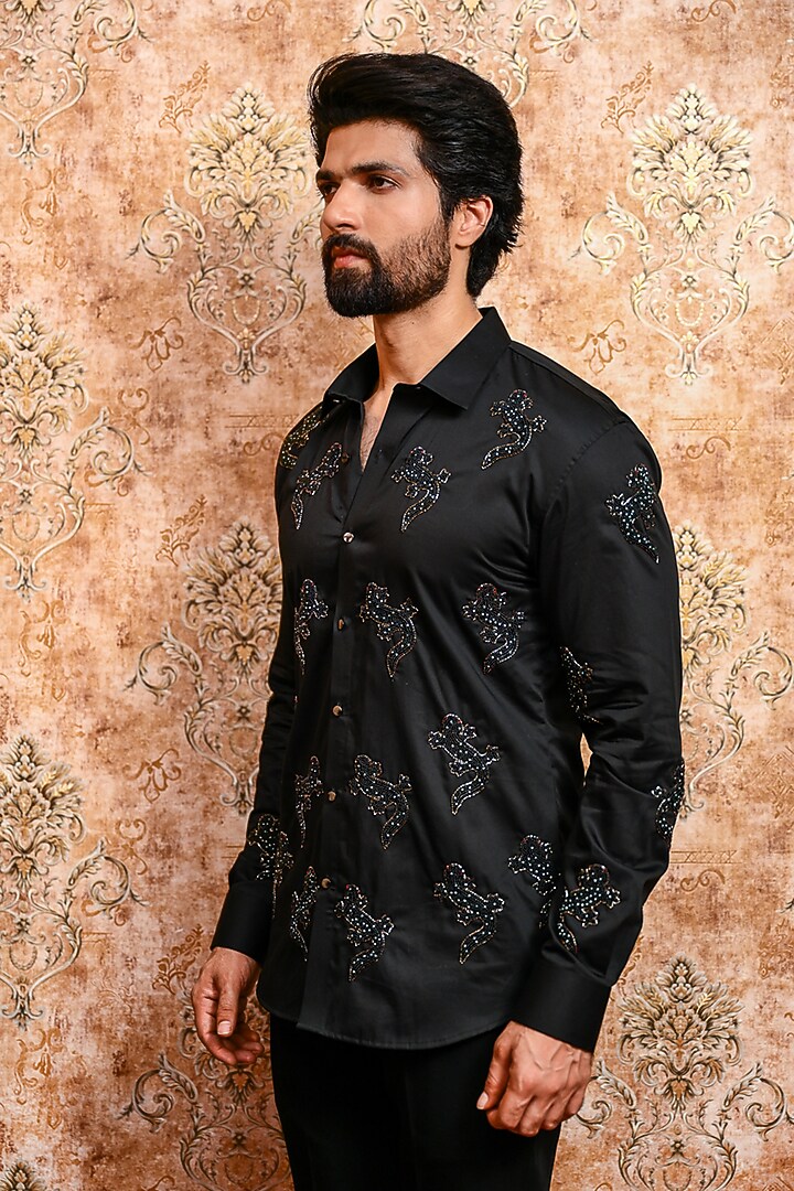 Black Cotton Embroidered Wedding Shirt by YAJY By Aditya Jain at Pernia's Pop Up Shop