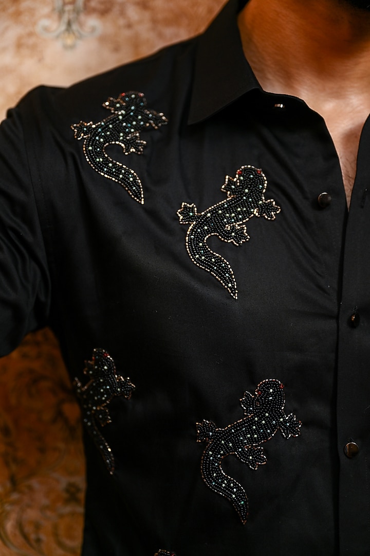 Black Cotton Embroidered Wedding Shirt by YAJY By Aditya Jain at Pernia's Pop Up Shop