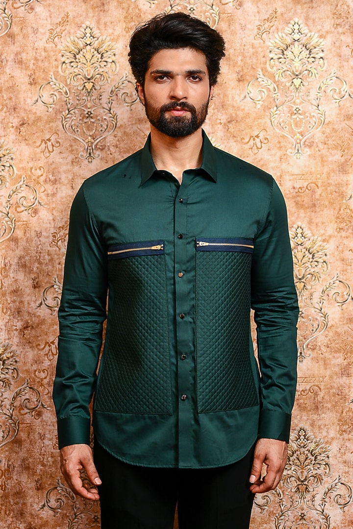 Emerald Green Cotton Wedding Shirt by YAJY By Aditya Jain at Pernia's Pop Up Shop