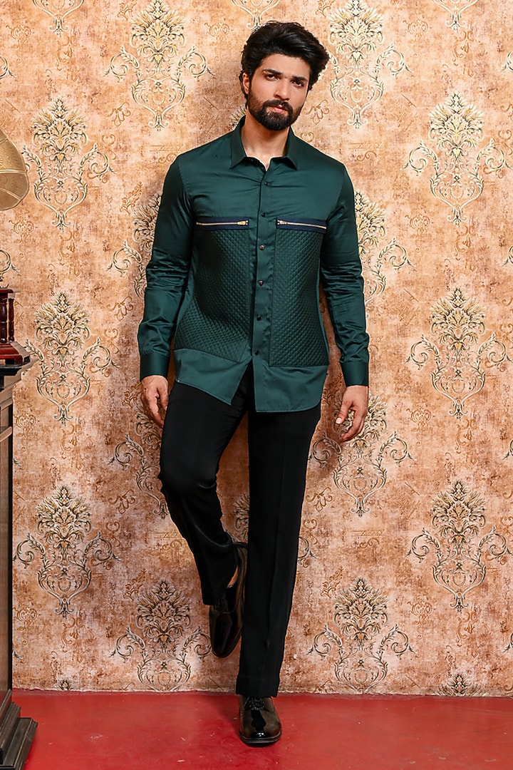 Emerald Green Cotton Wedding Shirt by YAJY By Aditya Jain at Pernia's Pop Up Shop