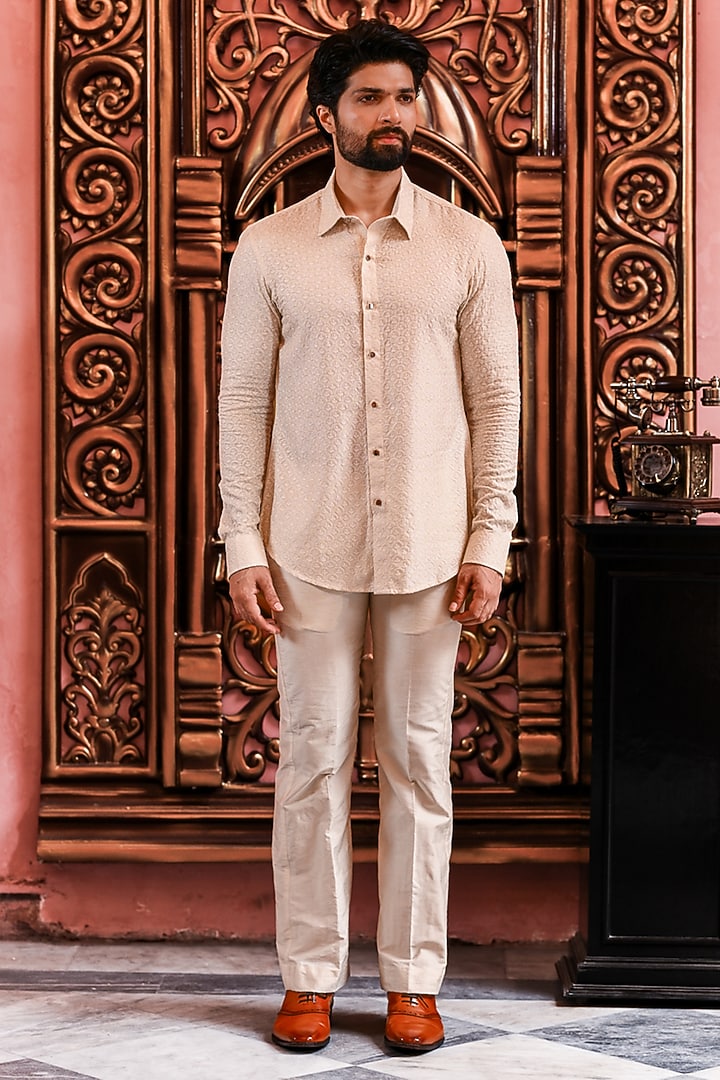 Ivory Silk Resham Embroidered Wedding Shirt by YAJY By Aditya Jain at Pernia's Pop Up Shop