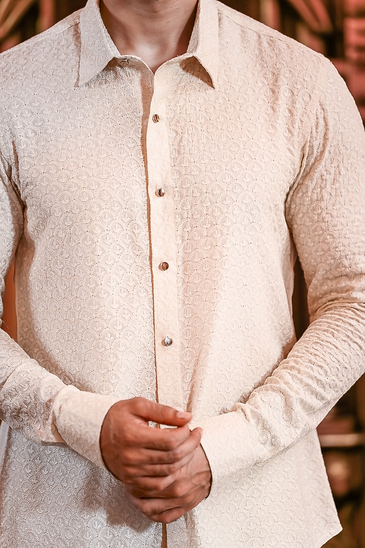 Ivory Silk Resham Embroidered Wedding Shirt by YAJY By Aditya Jain at Pernia's Pop Up Shop