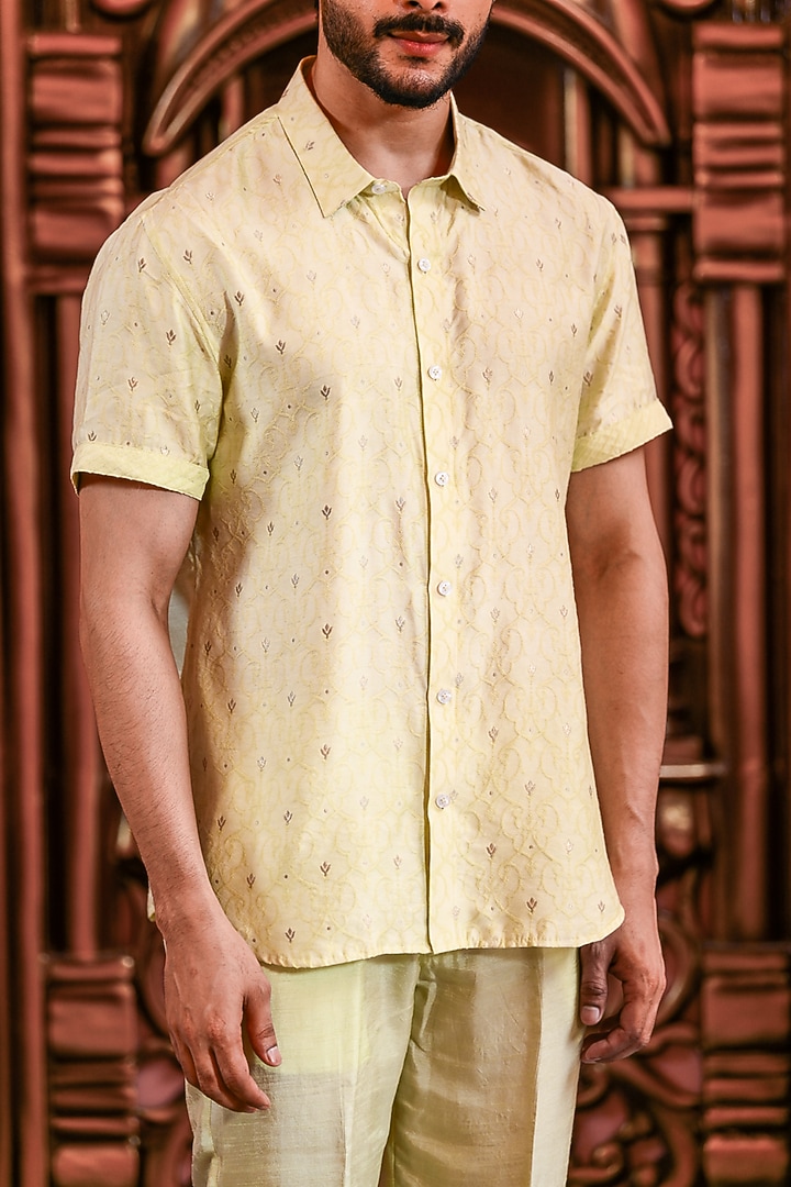Mint Green Banarasi Silk Wedding Shirt by YAJY By Aditya Jain at Pernia's Pop Up Shop