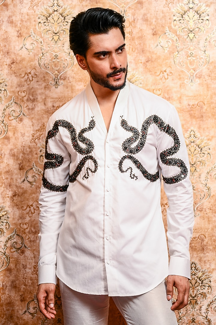 White Cotton Serpent Embroidered Wedding Shirt by YAJY By Aditya Jain at Pernia's Pop Up Shop