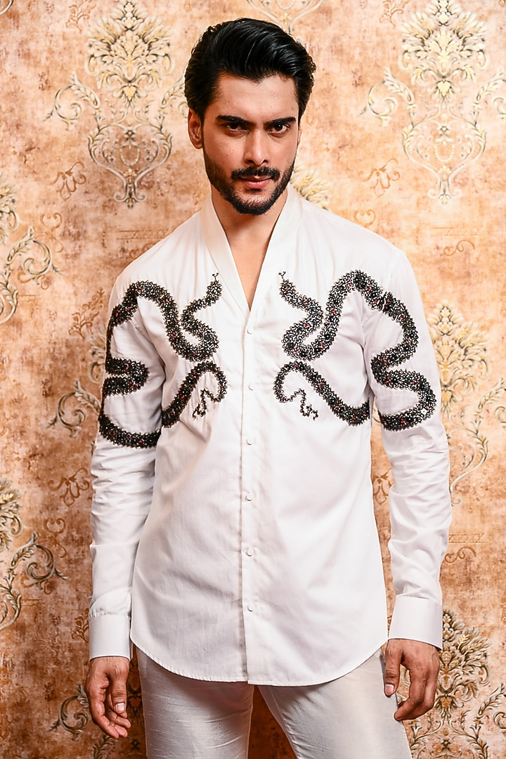 White Cotton Serpent Embroidered Wedding Shirt by YAJY By Aditya Jain at Pernia's Pop Up Shop