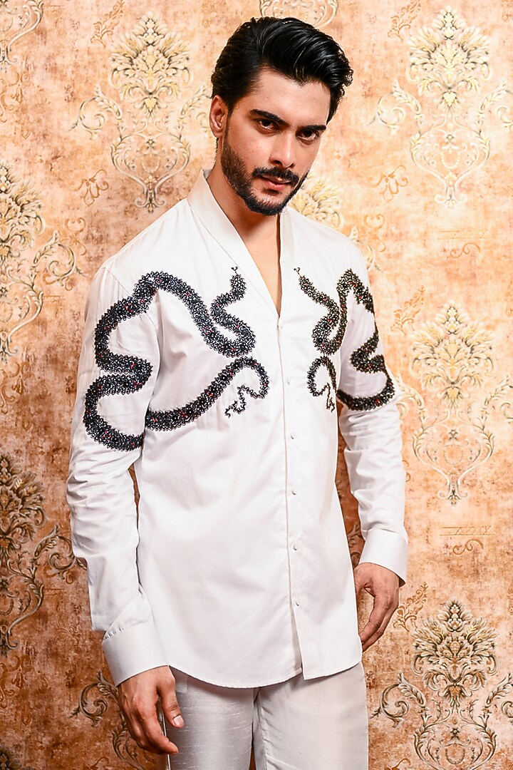 White Cotton Serpent Embroidered Wedding Shirt by YAJY By Aditya Jain at Pernia's Pop Up Shop