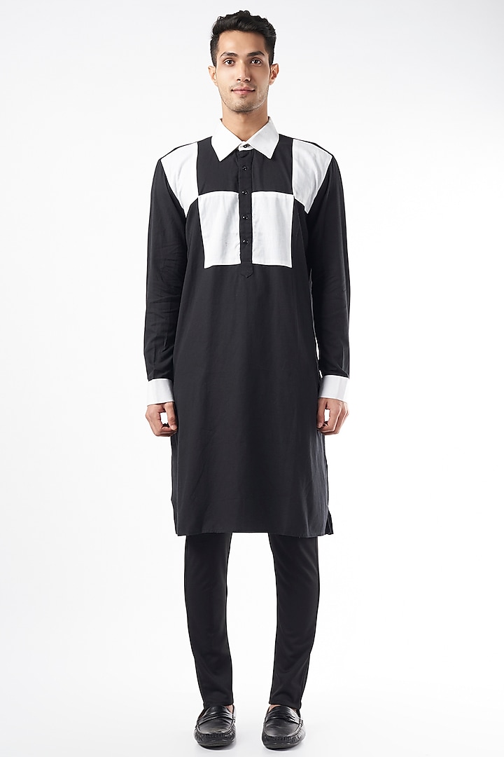 Black & White Linen Kurta by YAJY By Aditya Jain at Pernia's Pop Up Shop