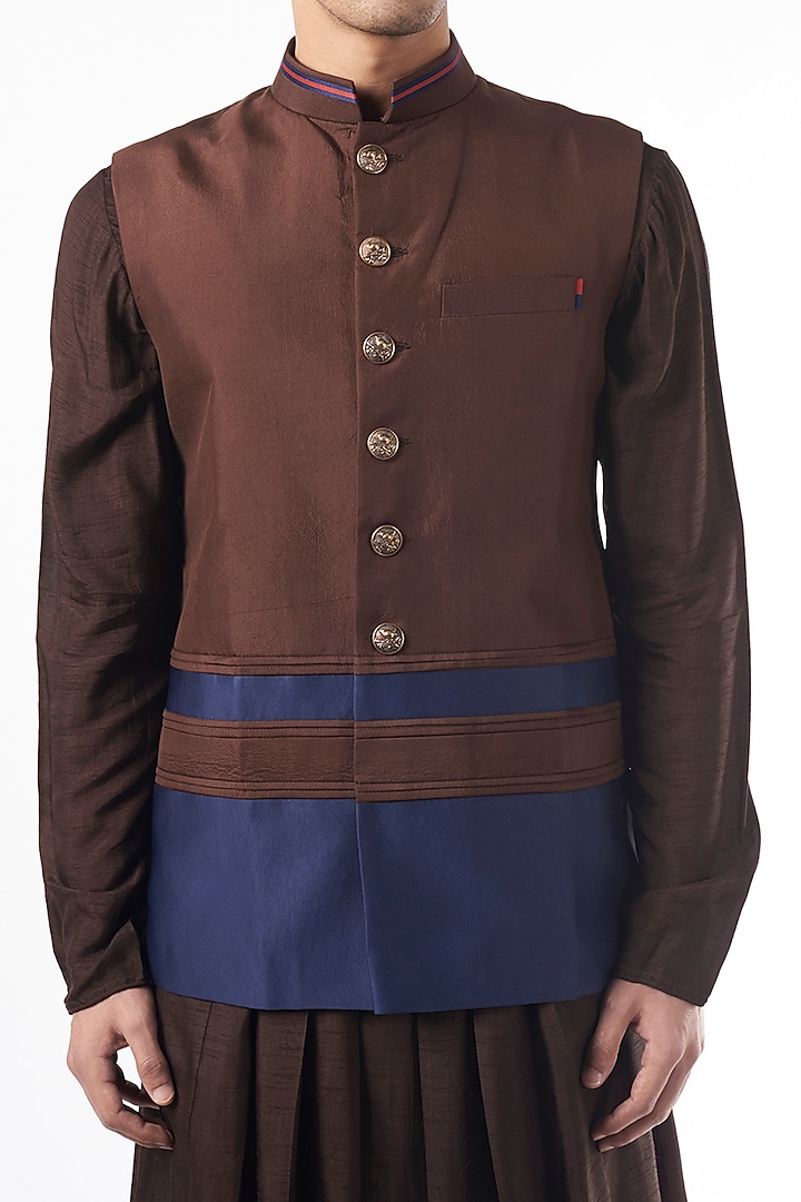 Brown & Blue Silk Bundi Jacket Set by YAJY By Aditya Jain at Pernia's Pop Up Shop
