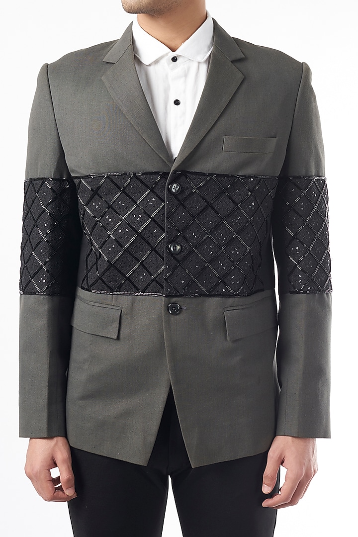 Grey & Black Italian Suiting Blazer by YAJY By Aditya Jain at Pernia's Pop Up Shop