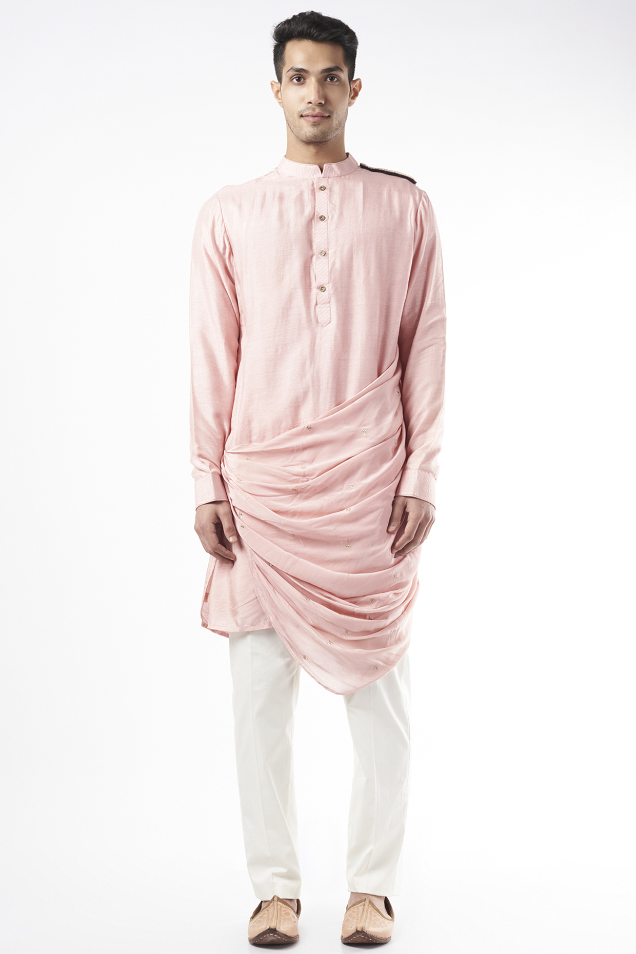 Peach Silk Cowl Kurta by YAJY By Aditya Jain at Pernia's Pop Up Shop