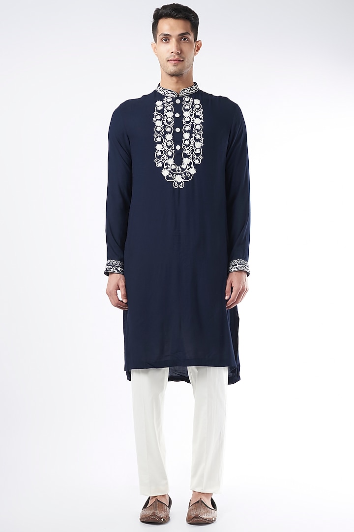 Midnight Blue Silk Embroidered Kurta by YAJY By Aditya Jain at Pernia's Pop Up Shop