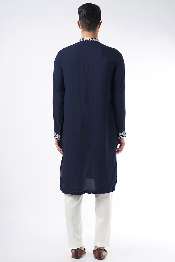 Midnight Blue Silk Embroidered Kurta by YAJY By Aditya Jain at Pernia's Pop Up Shop