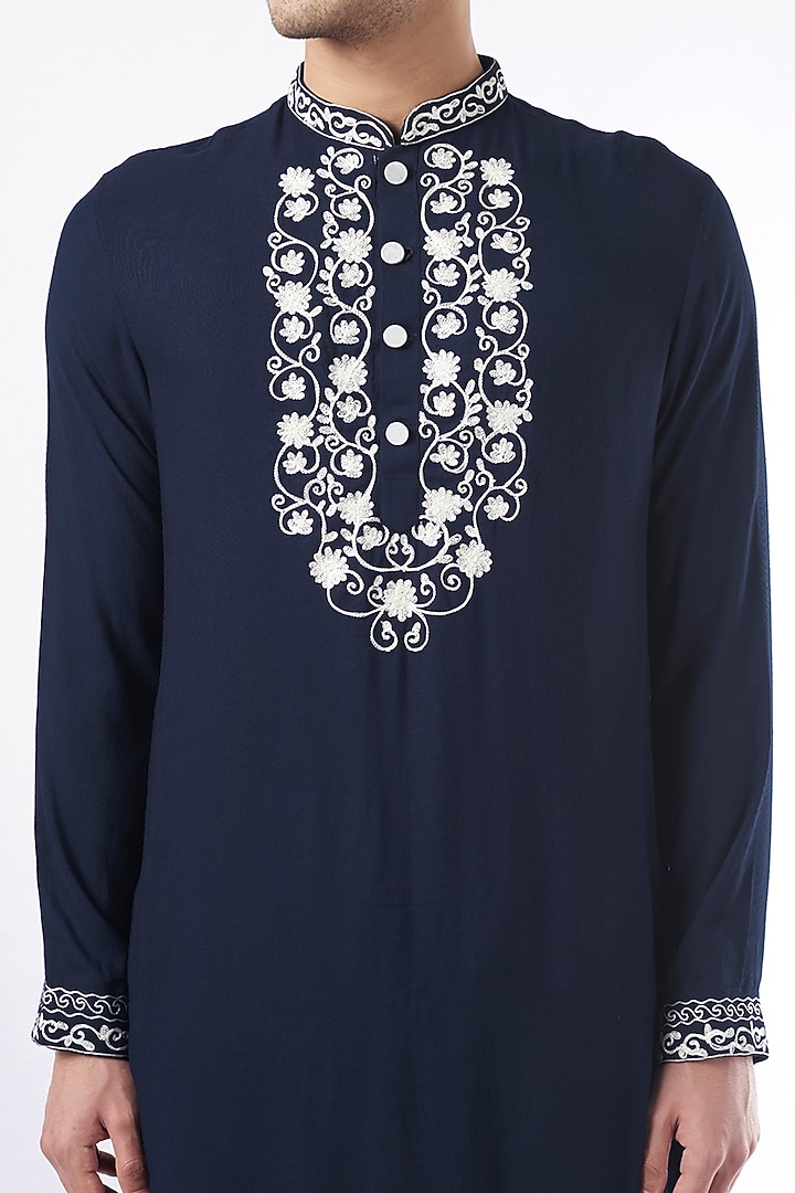 Midnight Blue Silk Embroidered Kurta by YAJY By Aditya Jain at Pernia's Pop Up Shop