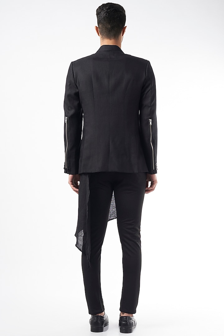 Black Linen Asymmetrical Blazer by YAJY By Aditya Jain at Pernia's Pop Up Shop