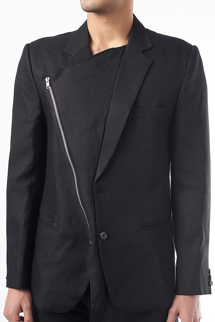 Black Linen Asymmetrical Blazer by YAJY By Aditya Jain at Pernia's Pop Up Shop
