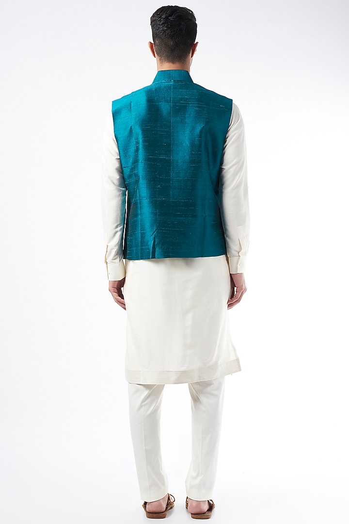 Cobalt Blue Raw Silk Bundi Jacket by YAJY By Aditya Jain at Pernia's Pop Up Shop