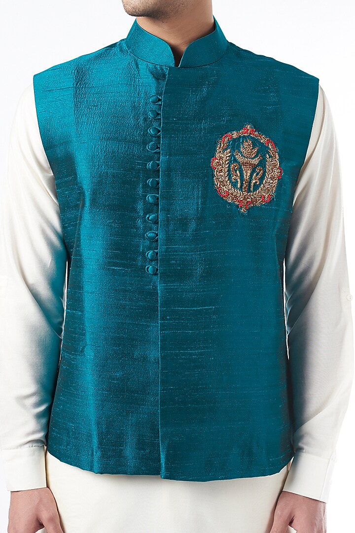 Cobalt Blue Raw Silk Bundi Jacket by YAJY By Aditya Jain at Pernia's Pop Up Shop