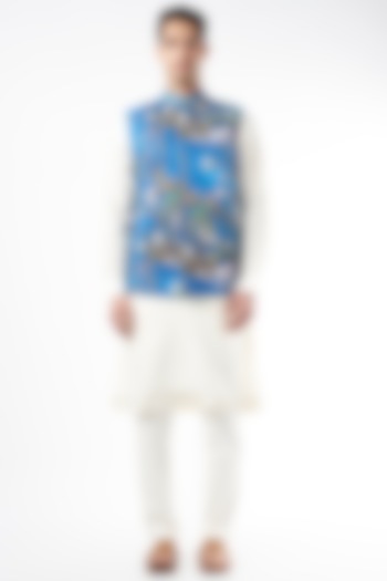 Cobalt Blue Quilted Silk Printed Bundi Jacket by YAJY By Aditya Jain at Pernia's Pop Up Shop