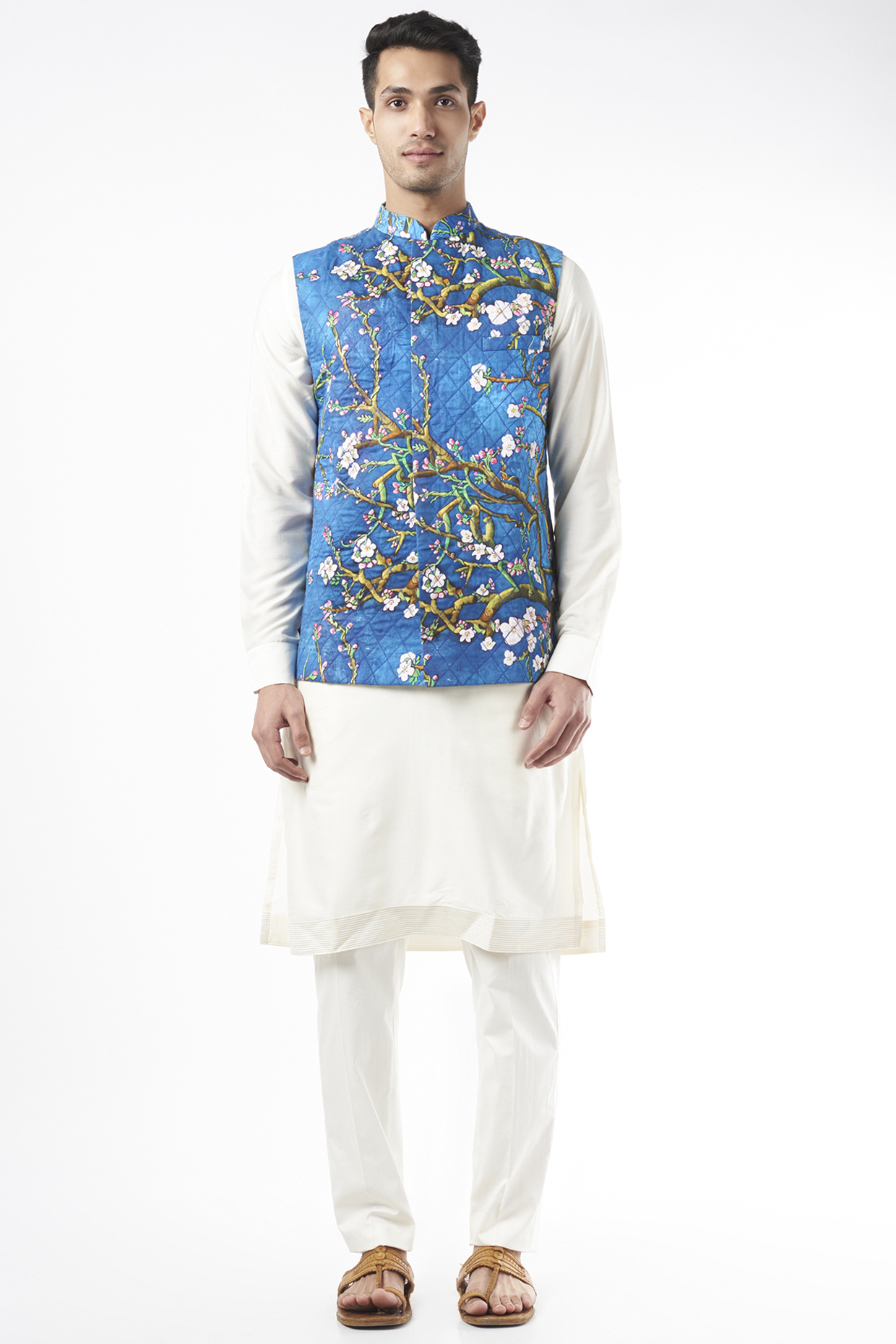 Cobalt Blue Quilted Silk Printed Bundi Jacket by YAJY By Aditya Jain at Pernia's Pop Up Shop