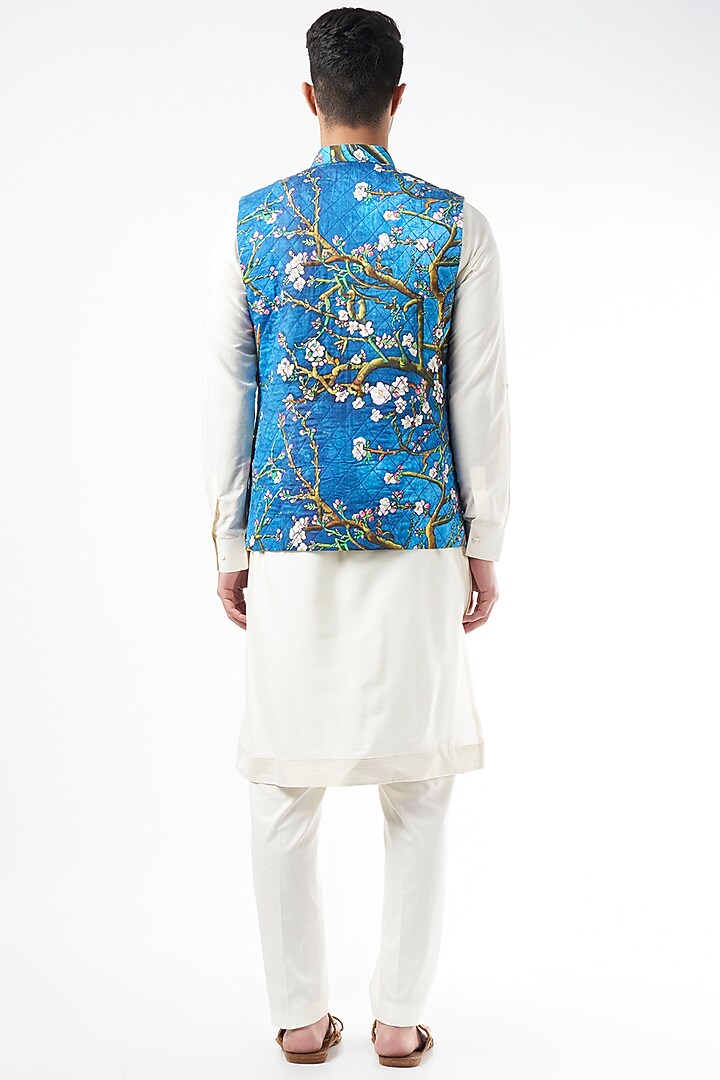 Cobalt Blue Quilted Silk Printed Bundi Jacket by YAJY By Aditya Jain at Pernia's Pop Up Shop