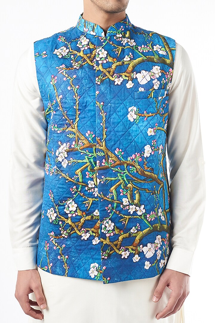 Cobalt Blue Quilted Silk Printed Bundi Jacket by YAJY By Aditya Jain at Pernia's Pop Up Shop