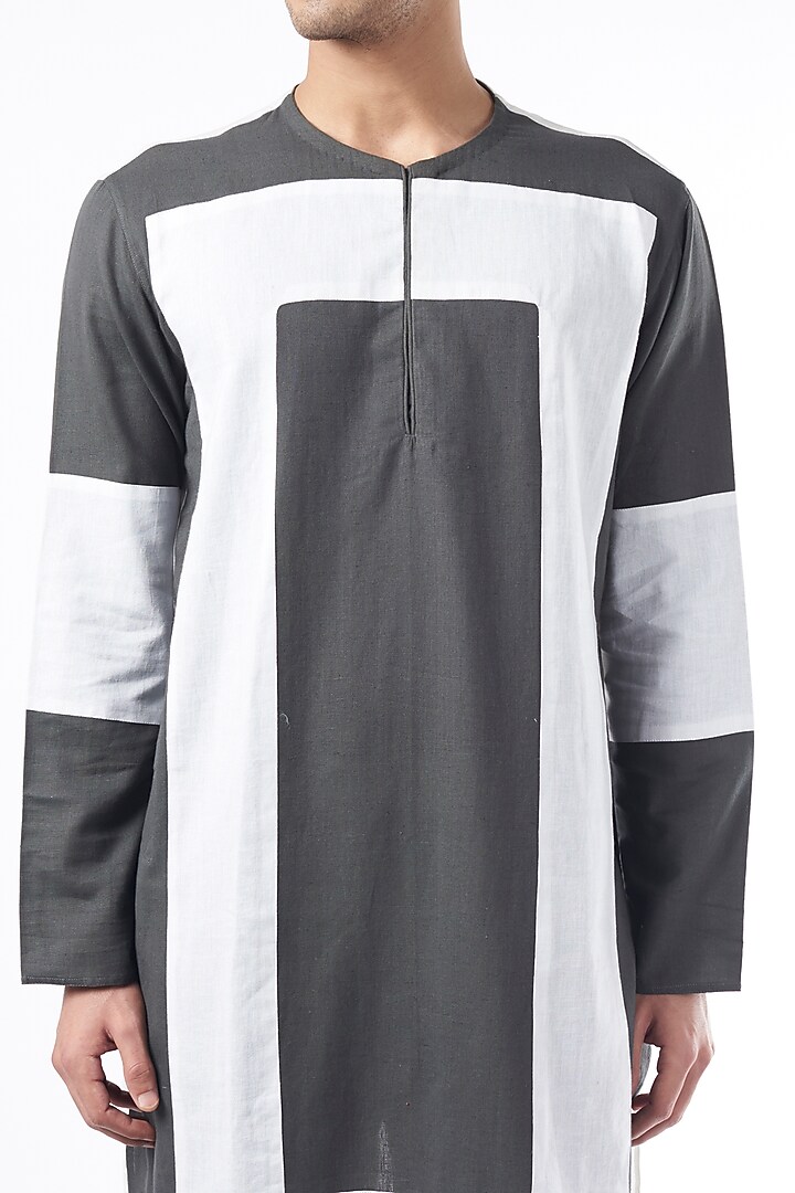 Grey & White Cotton Linen Kurta by YAJY By Aditya Jain at Pernia's Pop Up Shop
