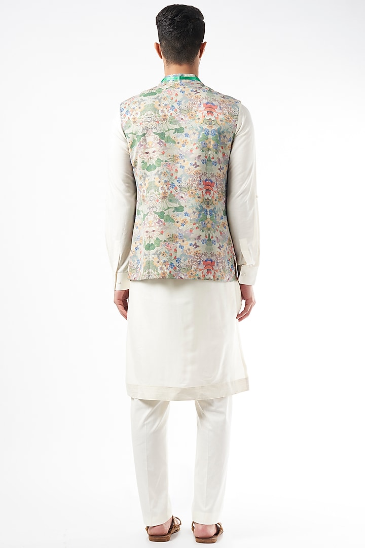 Mint Green Italian Suiting Floral Digital Printed Bundi Jacket by YAJY By Aditya Jain at Pernia's Pop Up Shop
