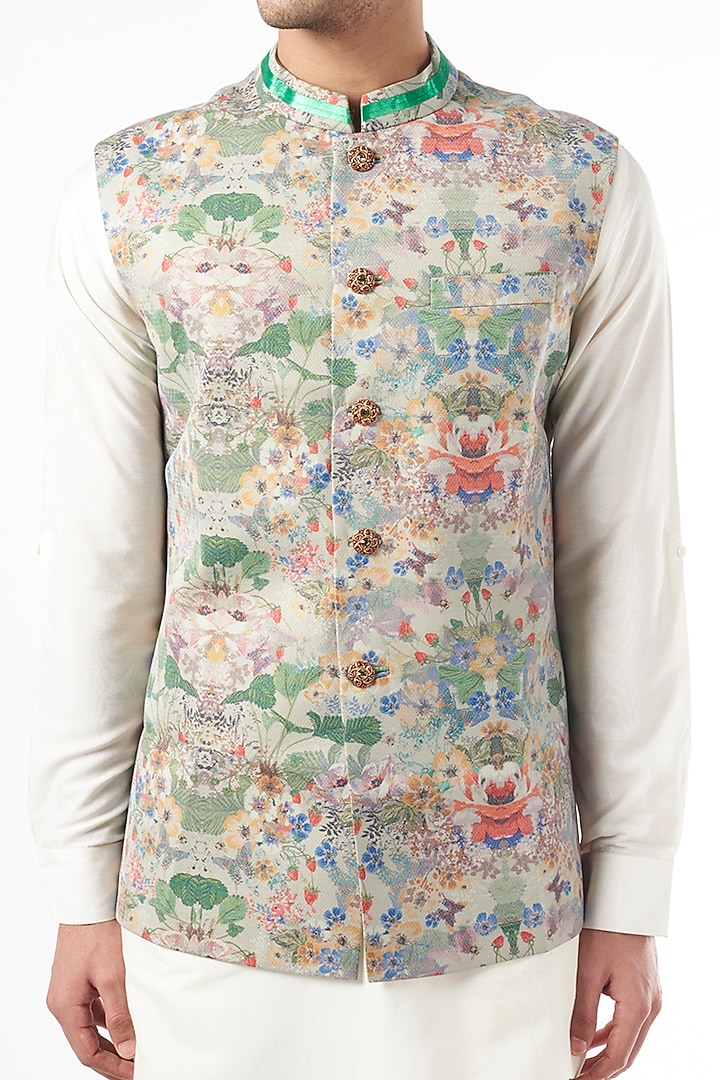 Mint Green Italian Suiting Floral Digital Printed Bundi Jacket by YAJY By Aditya Jain at Pernia's Pop Up Shop