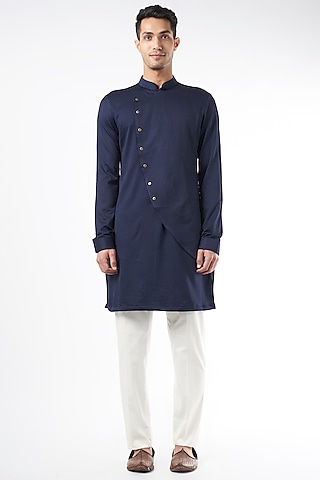 Midnight Blue Silk Asymmetrical Kurta by YAJY By Aditya Jain