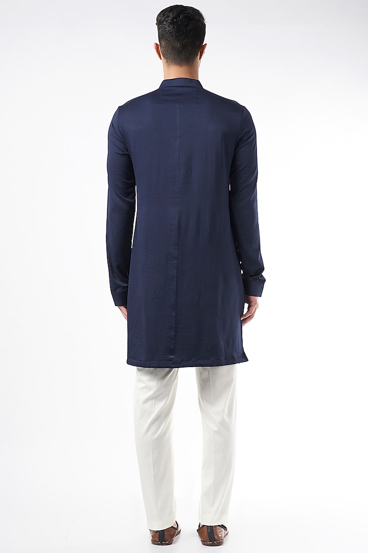 Midnight Blue Silk Asymmetrical Kurta by YAJY By Aditya Jain at Pernia's Pop Up Shop