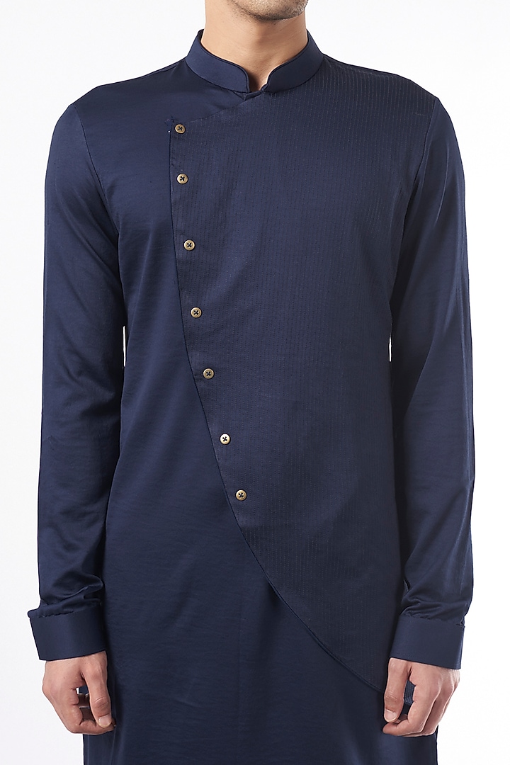 Midnight Blue Silk Asymmetrical Kurta by YAJY By Aditya Jain at Pernia's Pop Up Shop
