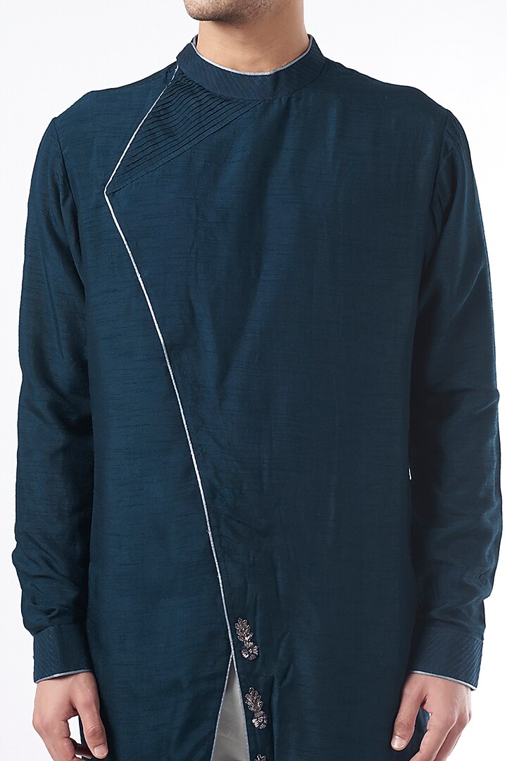 Cobalt Blue Silk Achkan Kurta by YAJY By Aditya Jain at Pernia's Pop Up Shop