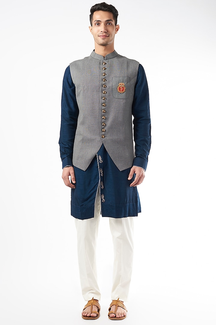 Grey Silk Bundi Jacket With Kurta by YAJY By Aditya Jain