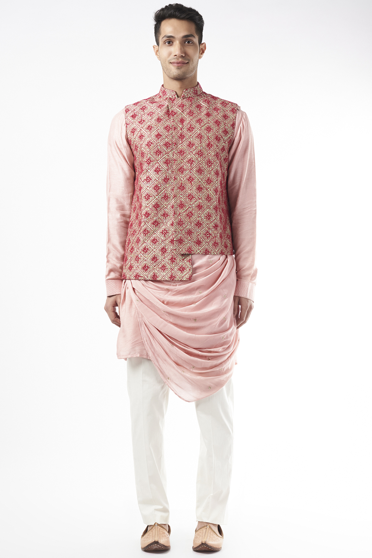 Peach Silk Embroidered Bundi Jacket Set by YAJY By Aditya Jain at Pernia's Pop Up Shop