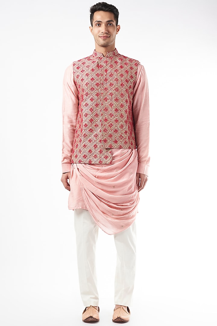 Peach Silk Embroidered Bundi Jacket Set by YAJY By Aditya Jain at Pernia's Pop Up Shop