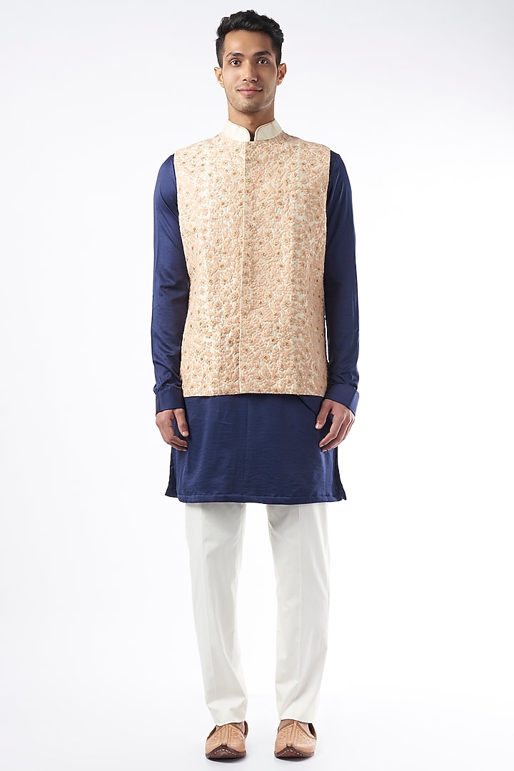 Blush Pink Silk Bundi Jacket by YAJY By Aditya Jain at Pernia's Pop Up Shop