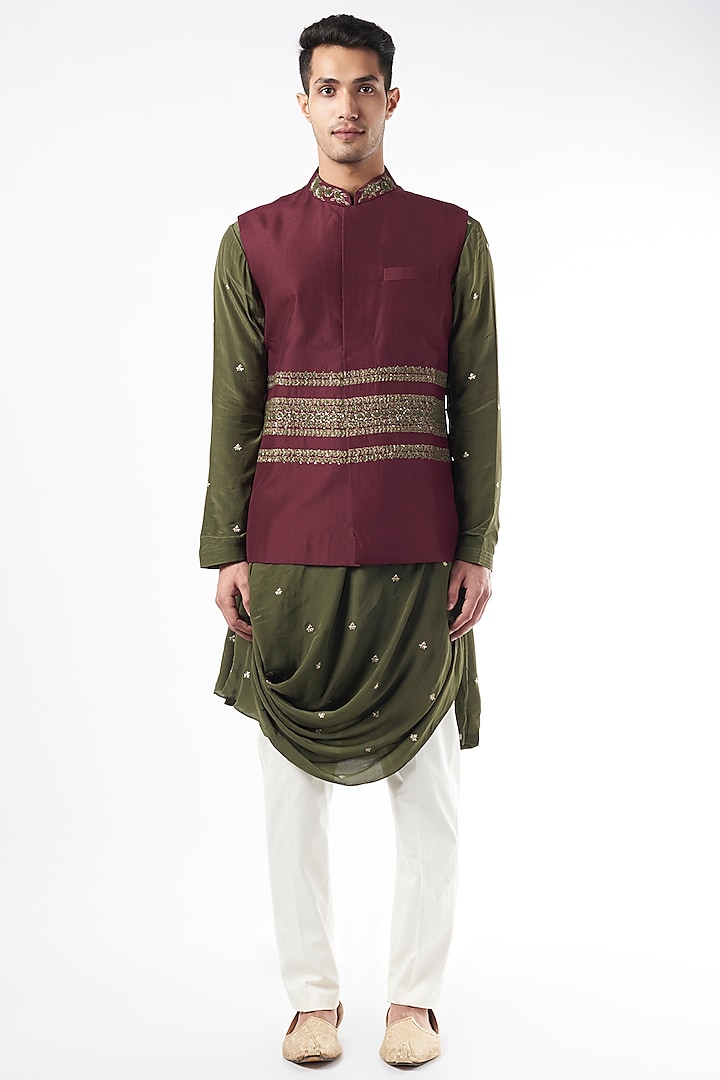 Red Silk Bundi Jacket With Cowl Kurta by YAJY By Aditya Jain