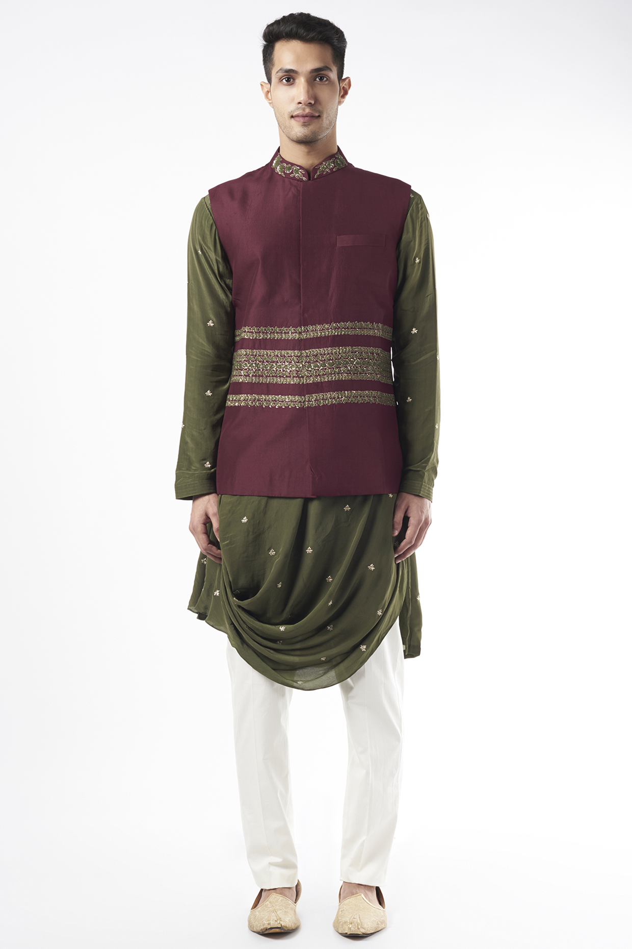 Wine-Red Silk Bundi Jacket by YAJY By Aditya Jain at Pernia's Pop Up Shop