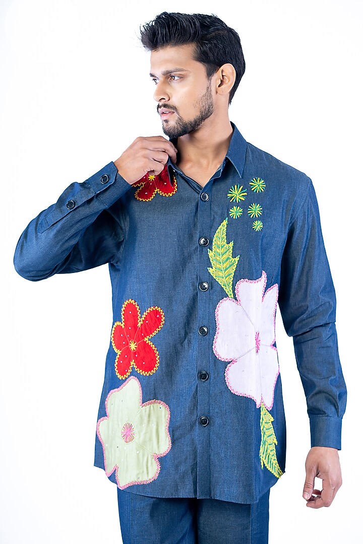 Navy Blue Denim Cotton Floral Printed Co-Ord Set by YAJY By Aditya Jain at Pernia's Pop Up Shop