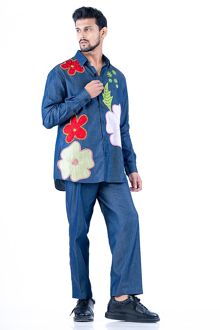 Navy Blue Denim Cotton Floral Printed Co-Ord Set by YAJY By Aditya Jain at Pernia's Pop Up Shop