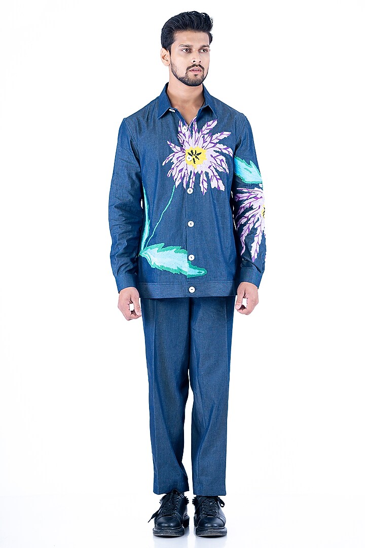 Navy Blue Denim Cotton Thread Hand Embroidered Co-Ord Set by YAJY By Aditya Jain at Pernia's Pop Up Shop