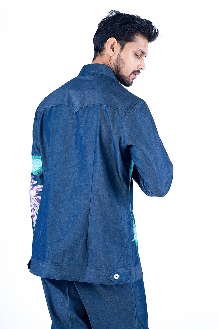 Navy Blue Denim Cotton Thread Hand Embroidered Co-Ord Set by YAJY By Aditya Jain at Pernia's Pop Up Shop